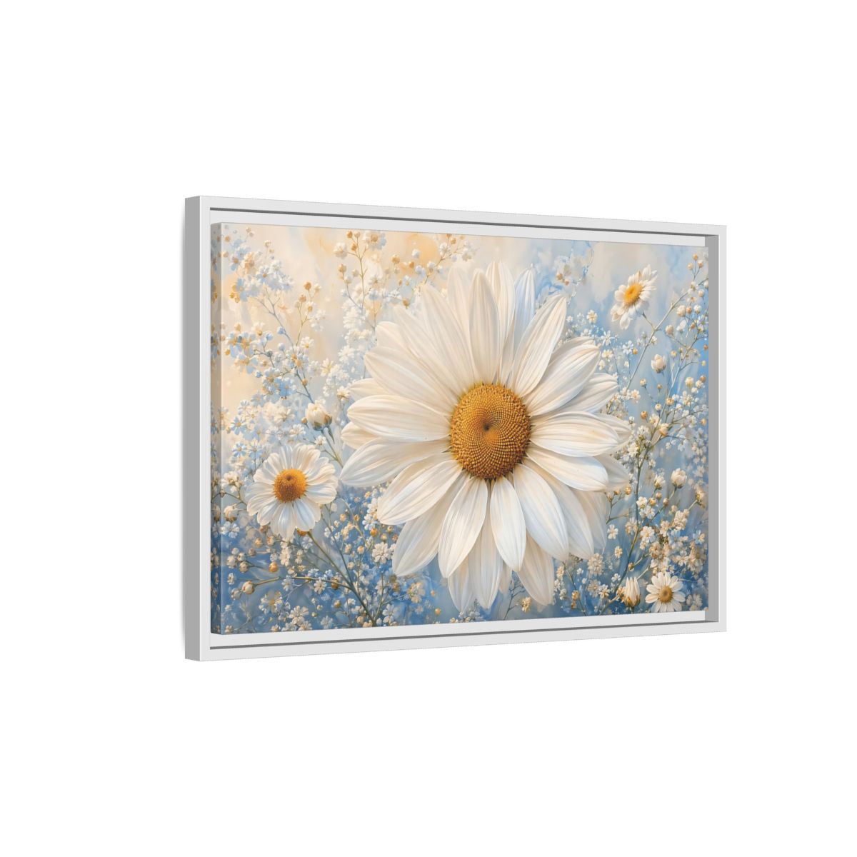 Side Mockup 1. Floral Daisies White Daisies Blue shown as stretched canvas wall art