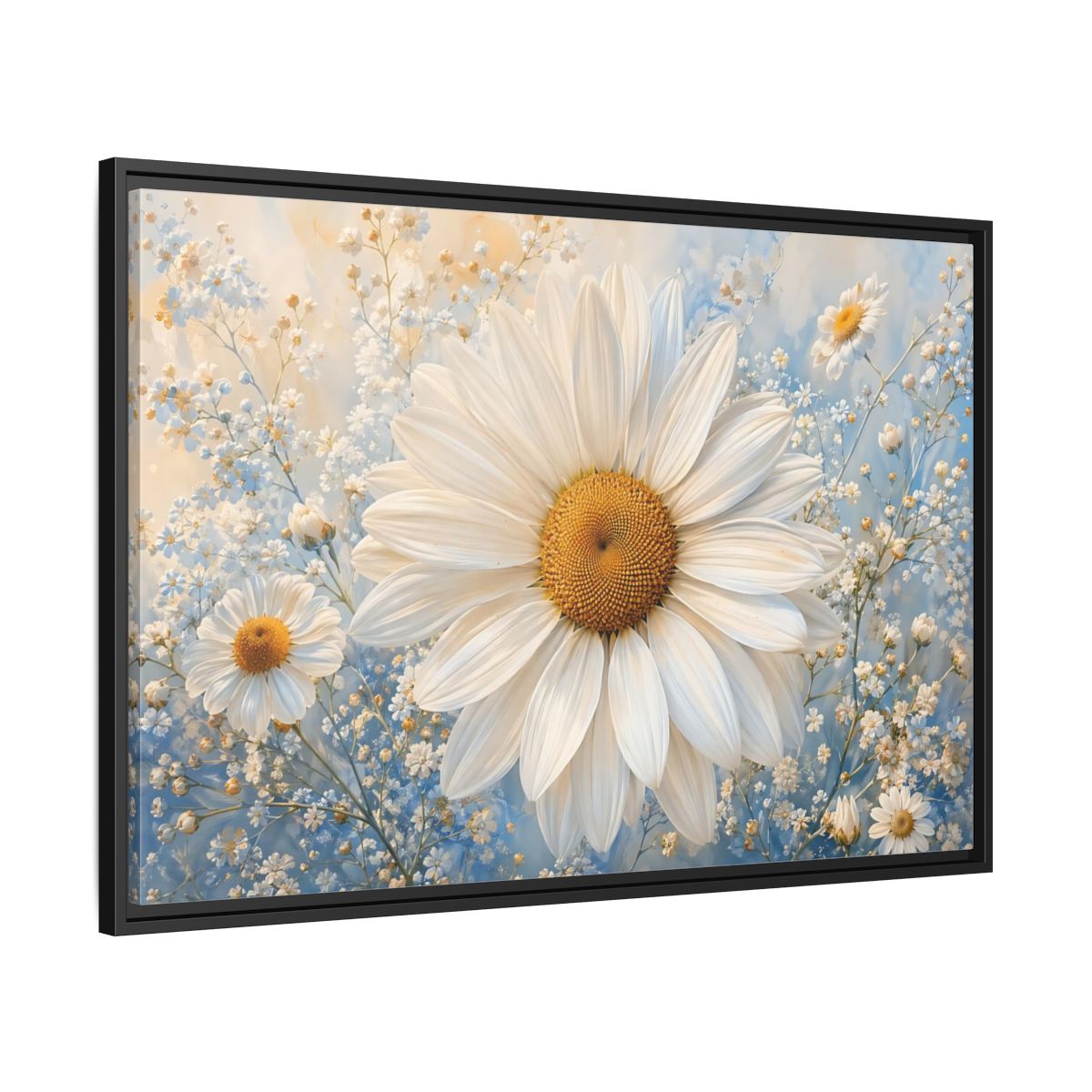 Side Mockup 13. Floral Daisies White Daisies Blue shown as stretched canvas wall art
