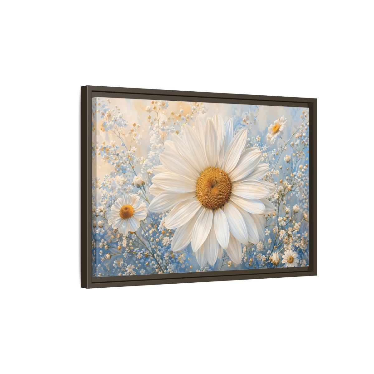 Side Mockup 2. Floral Daisies White Daisies Blue shown as stretched canvas wall art