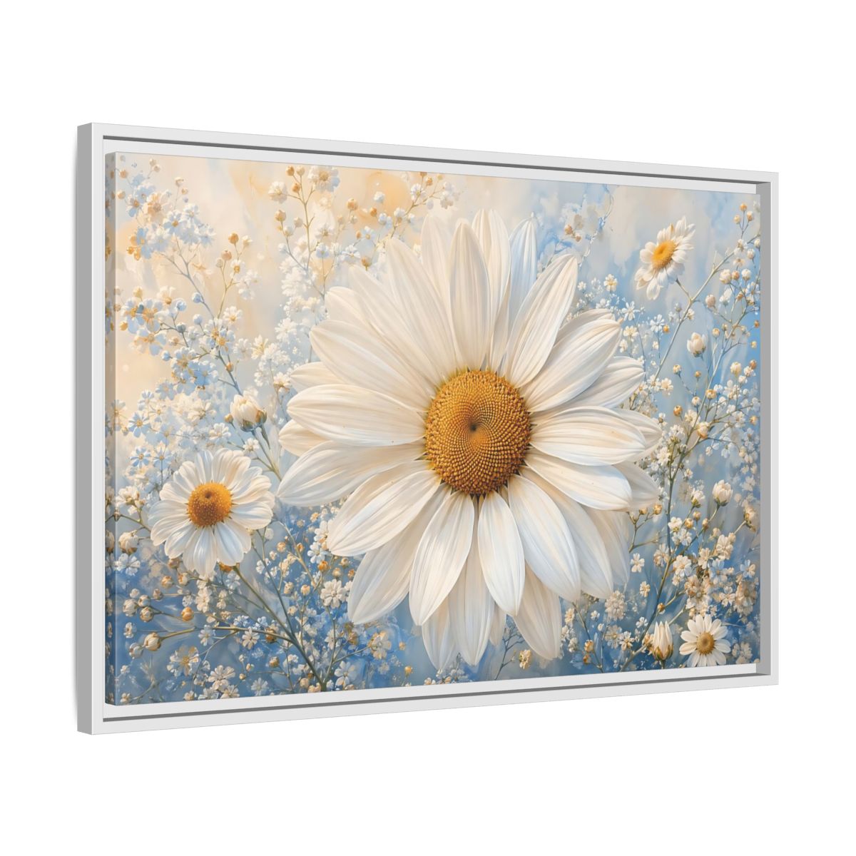 Side Mockup 10. Floral Daisies White Daisies Blue shown as stretched canvas wall art