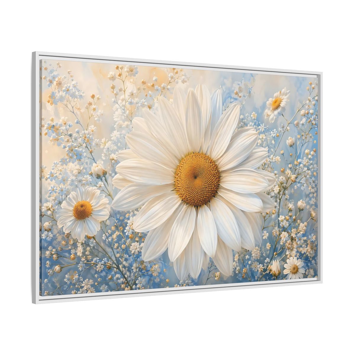 Side Mockup 7. Floral Daisies White Daisies Blue shown as stretched canvas wall art