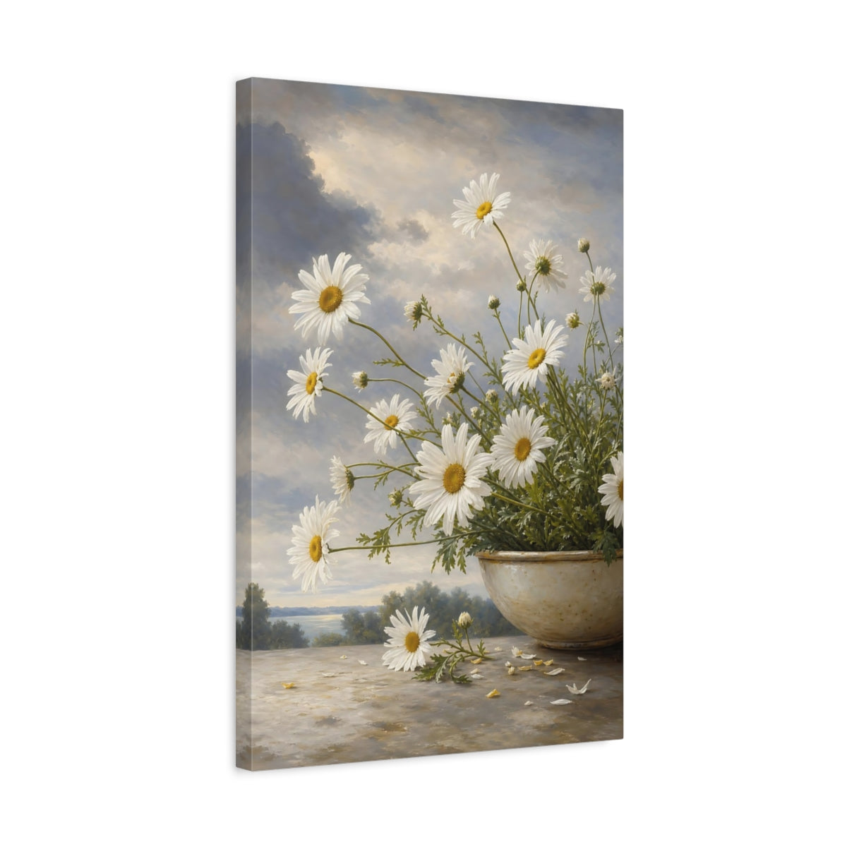 Side Mockup 3. Floral Daisies White Daisies shown as stretched canvas wall art