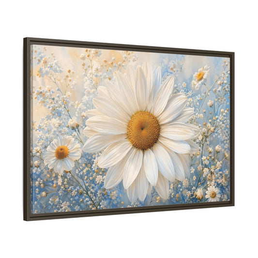 Main Mockup. Floral Daisies White Daisies Blue shown as stretched canvas wall art