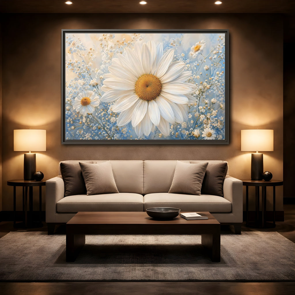 Mockup 2. Floral Daisies White Daisies Blue shown as stretched canvas wall art