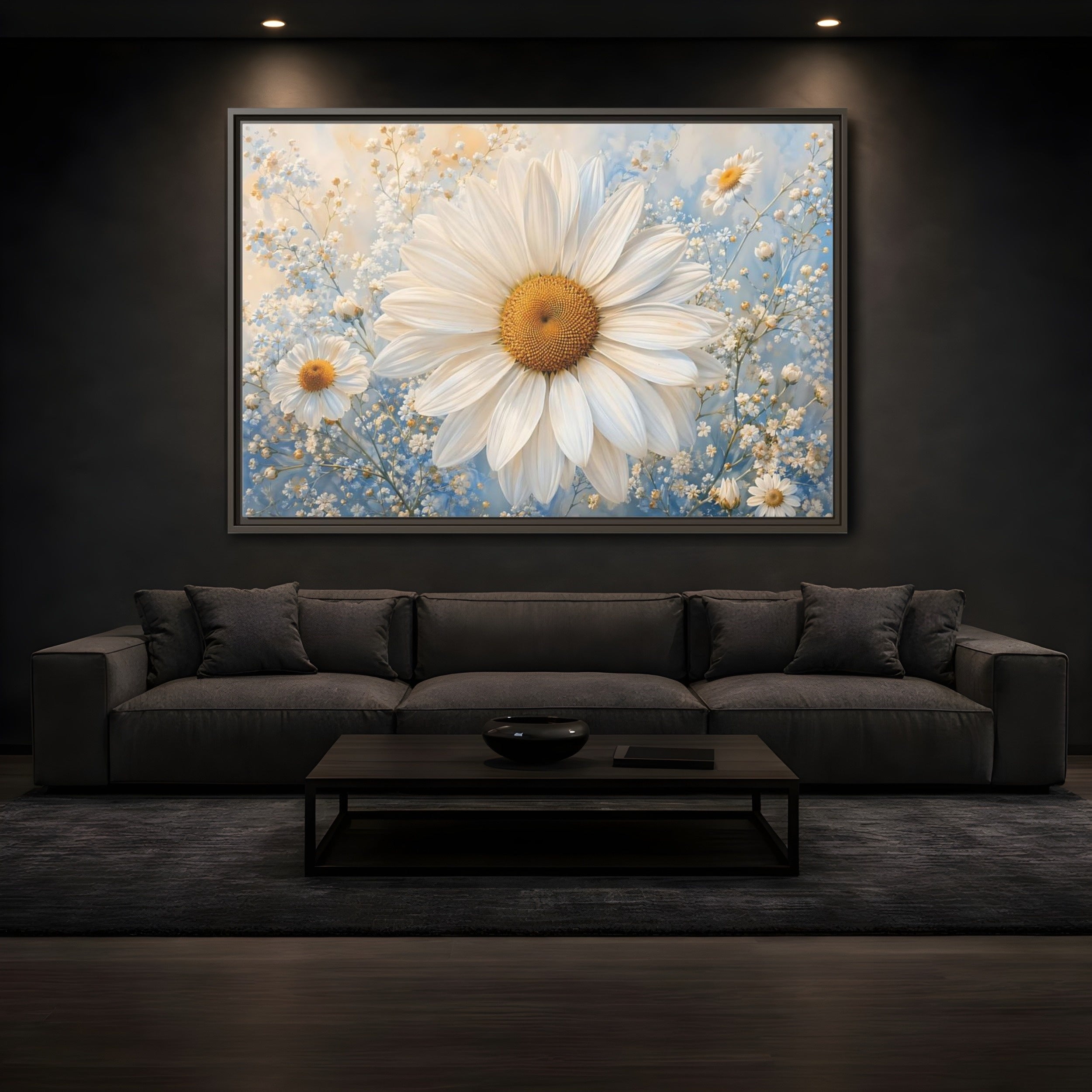 Mockup 3. Floral Daisies White Daisies Blue shown as stretched canvas wall art