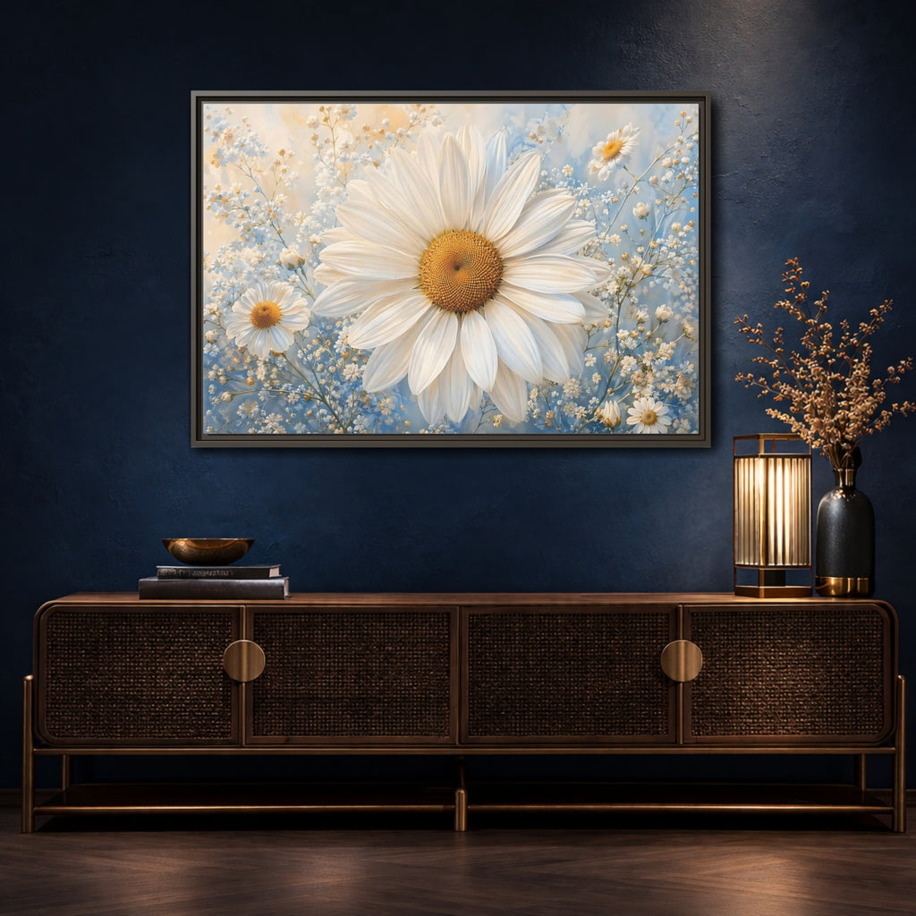 Mockup 4. Floral Daisies White Daisies Blue shown as stretched canvas wall art