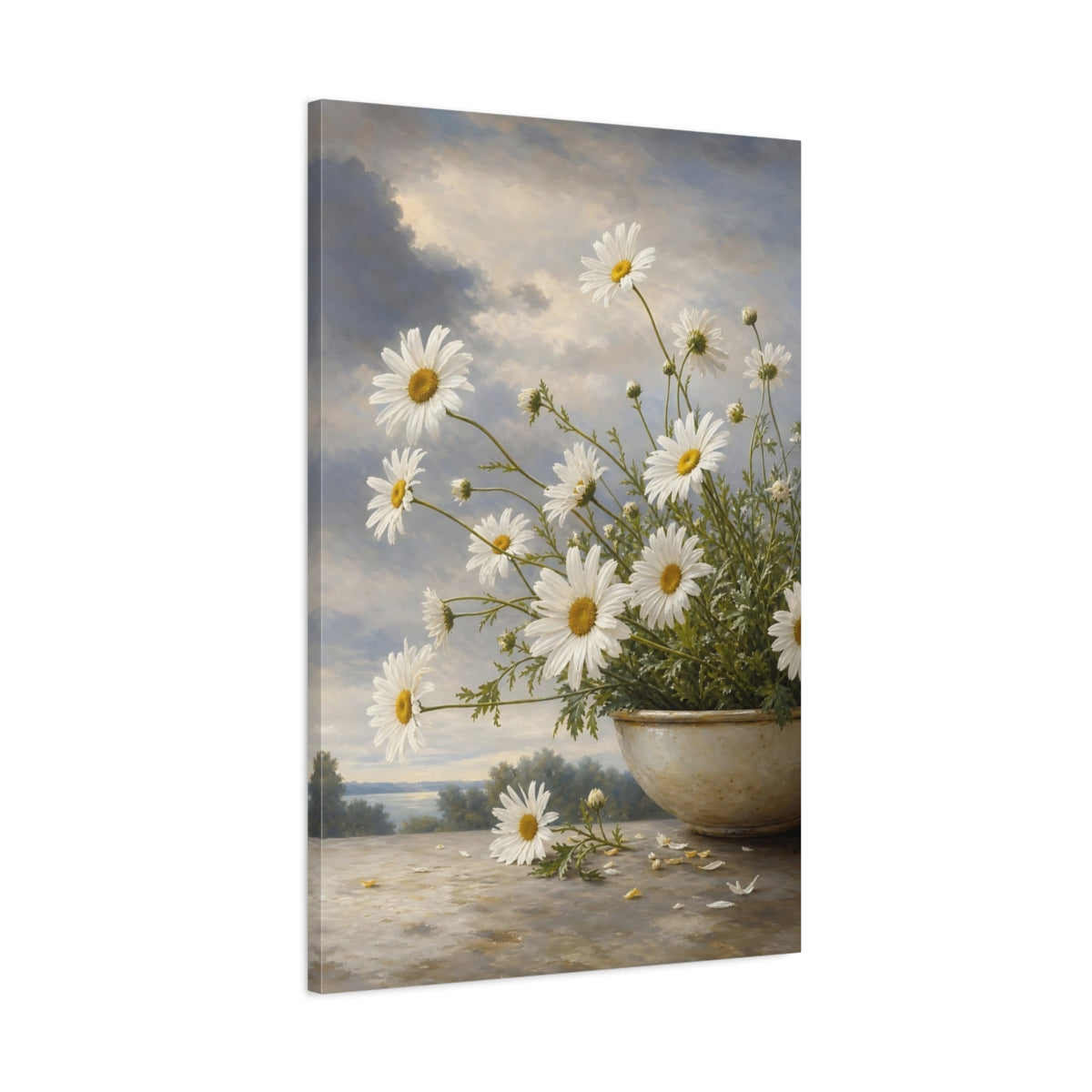 Main Mockup. Floral Daisies White Daisies shown as stretched canvas wall art