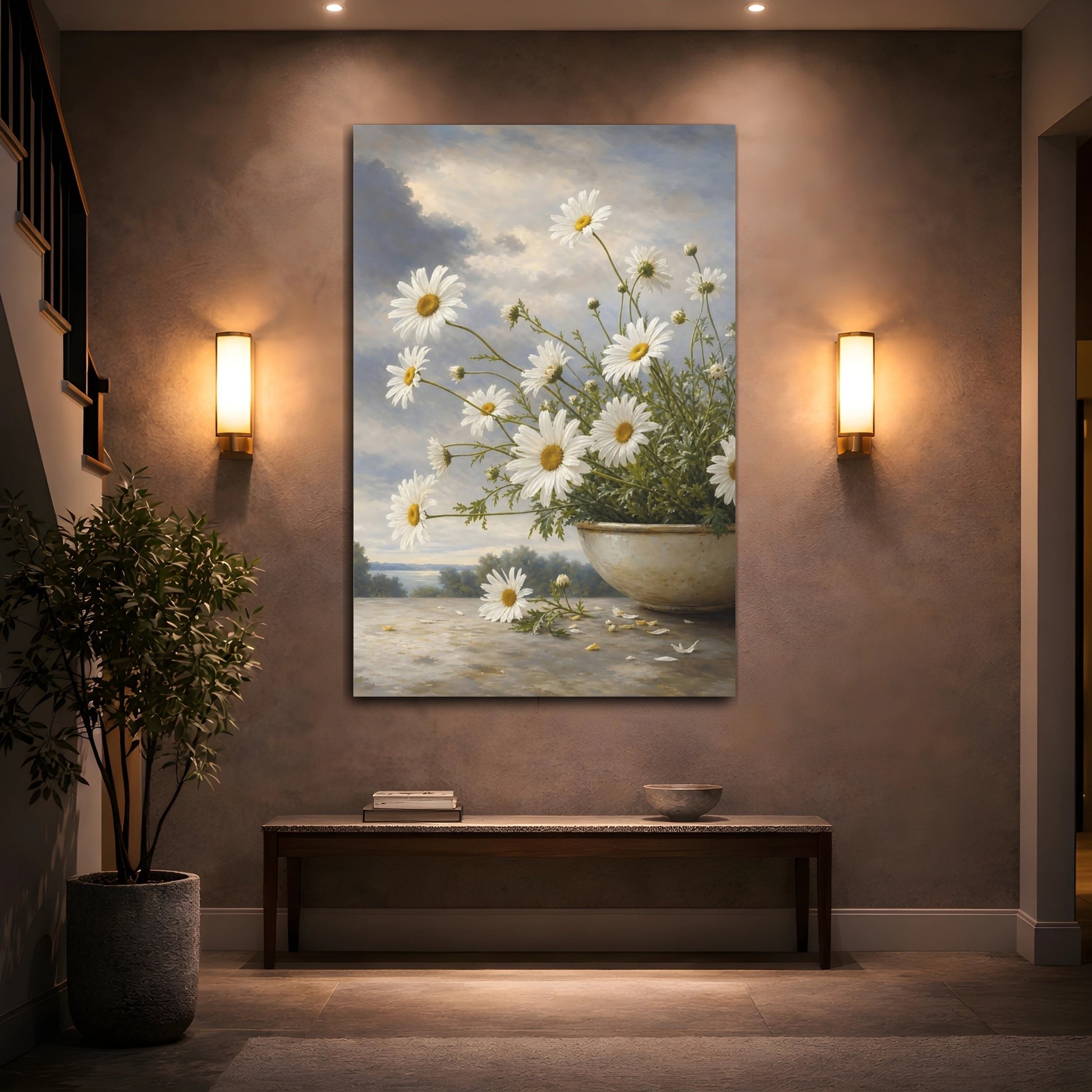 Mockup 2. Floral Daisies White Daisies shown as stretched canvas wall art