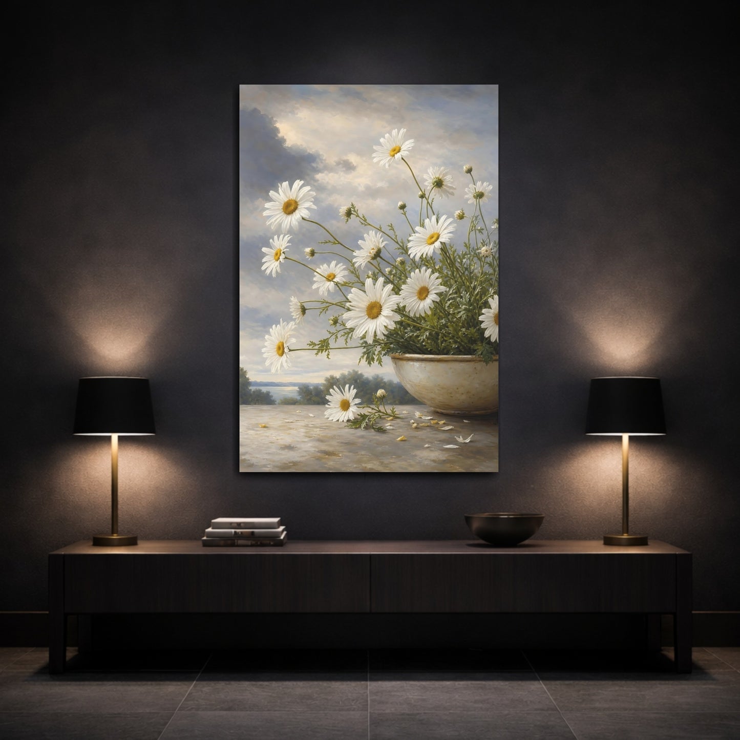 Mockup 3. Floral Daisies White Daisies shown as stretched canvas wall art