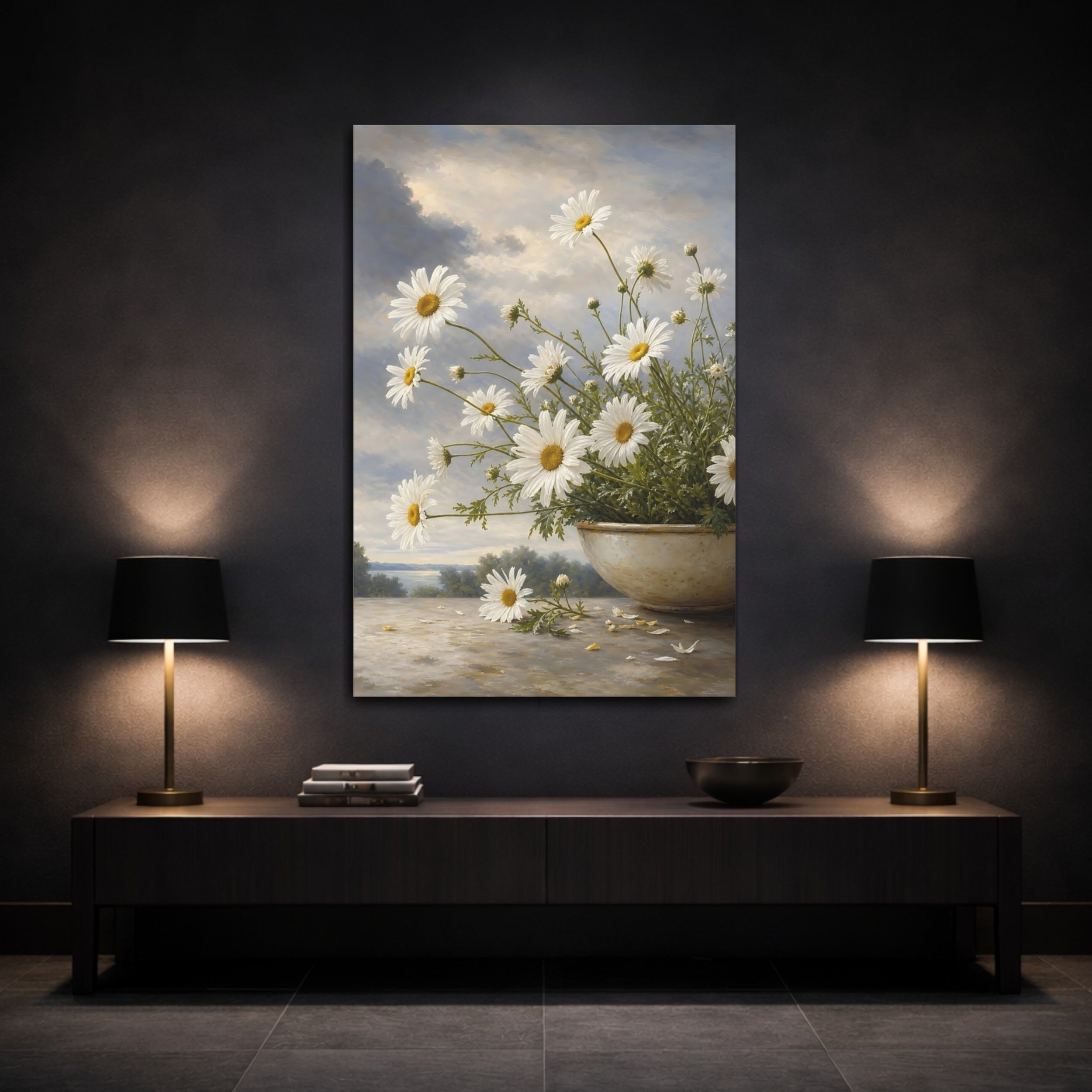 Mockup 3. Floral Daisies White Daisies shown as stretched canvas wall art