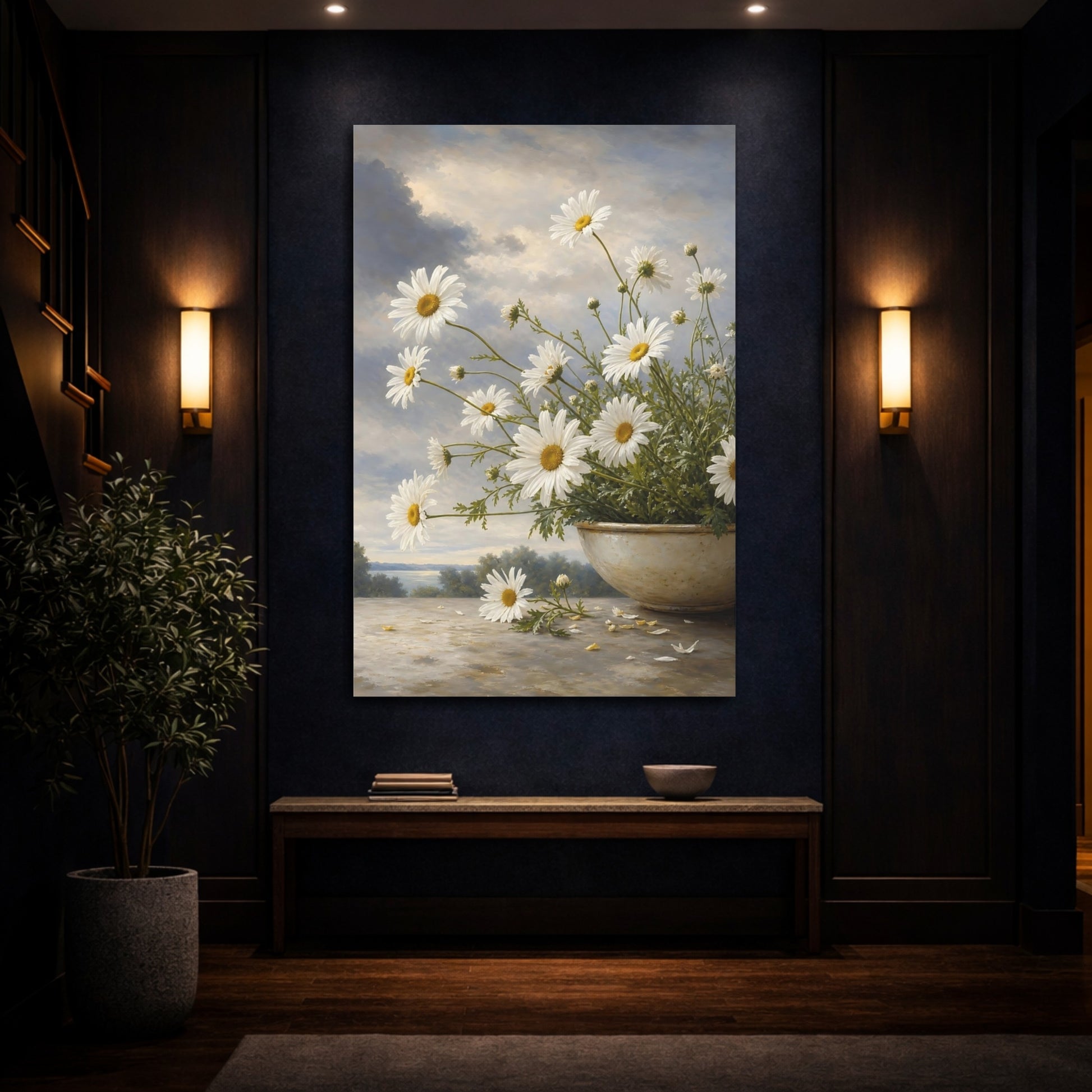 Mockup 4. Floral Daisies White Daisies shown as stretched canvas wall art