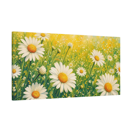 Main Mockup. Floral Daisies Yellow And Green shown as stretched canvas wall art
