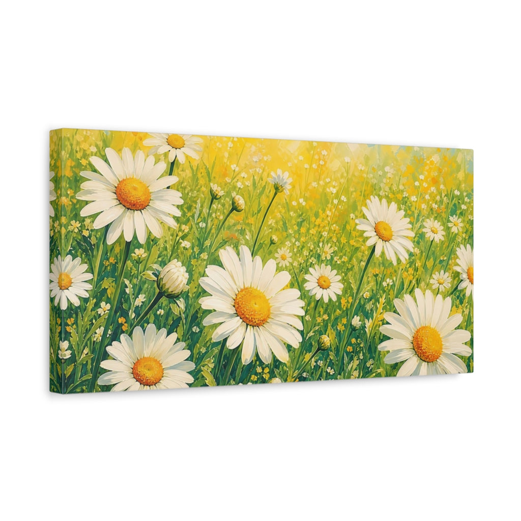 Side Mockup 3. Floral Daisies Yellow And Green shown as stretched canvas wall art