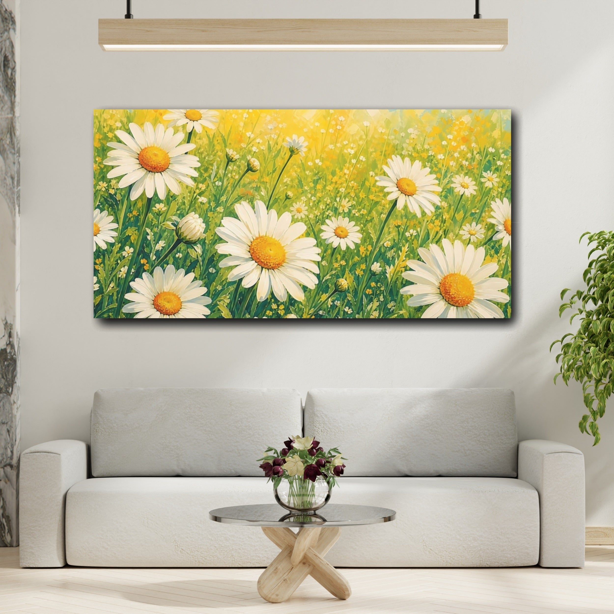 Mockup 2. Floral Daisies Yellow And Green shown as stretched canvas wall art