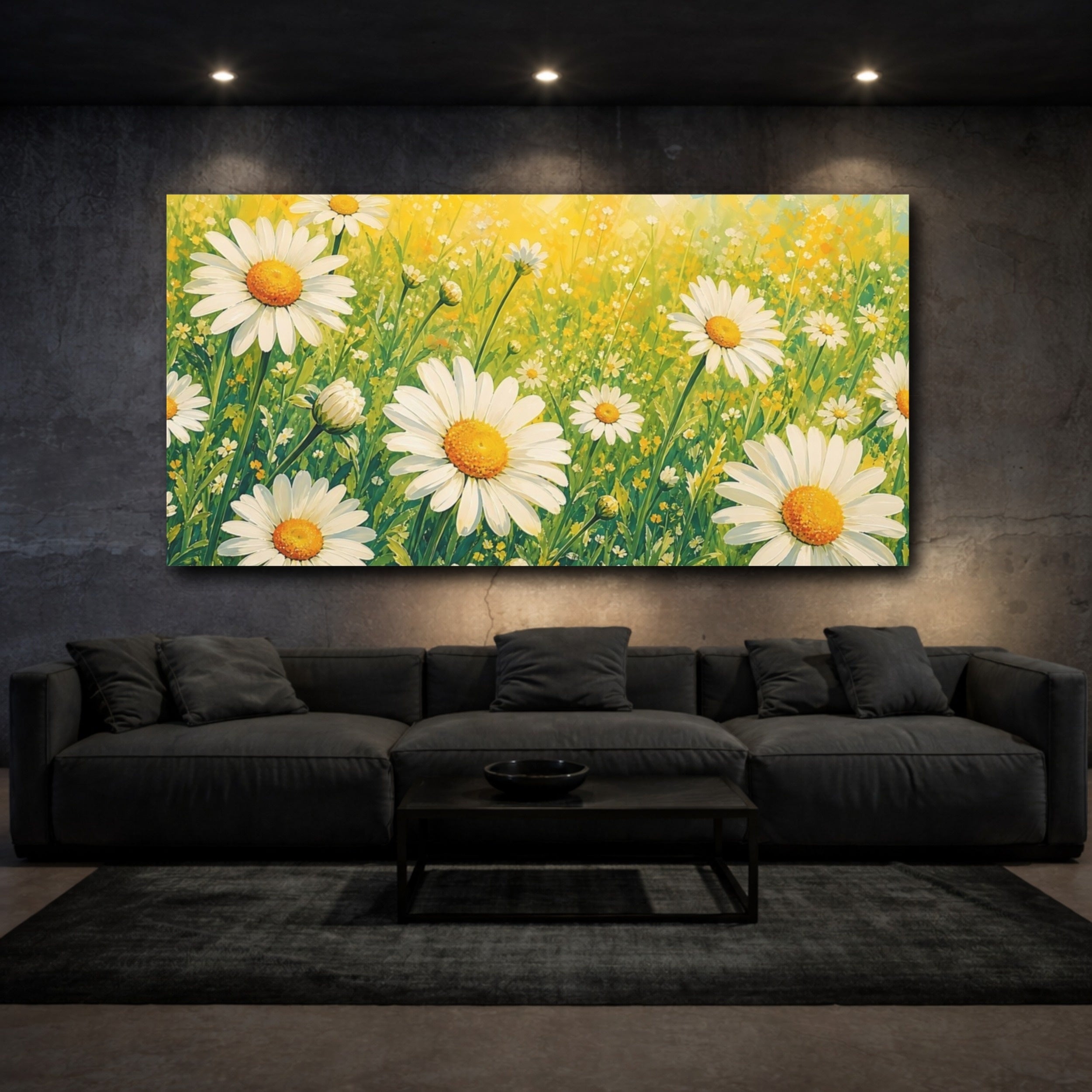 Mockup 3. Floral Daisies Yellow And Green shown as stretched canvas wall art