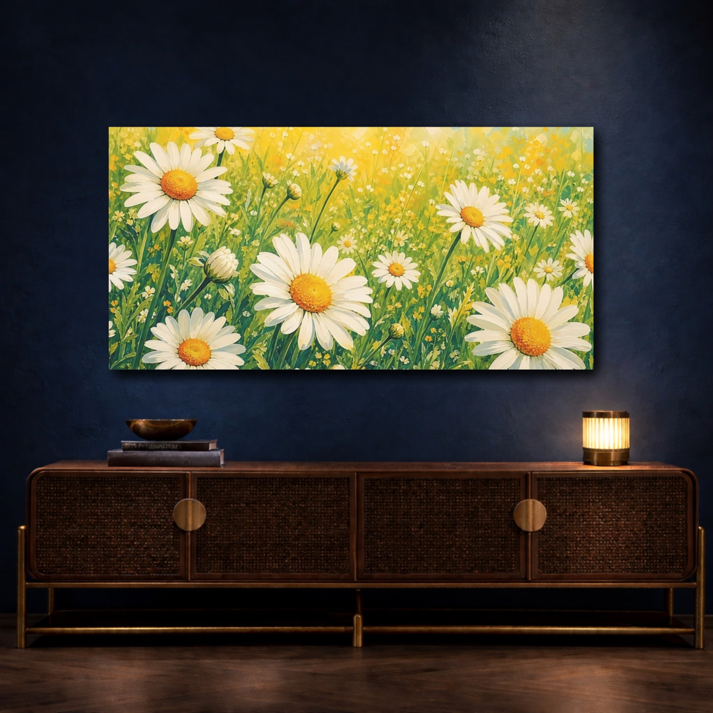 Mockup 4. Floral Daisies Yellow And Green shown as stretched canvas wall art