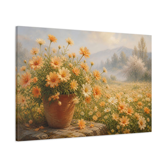 Main Mockup. Floral Daisies Yellow Floral Landscape shown as stretched canvas wall art