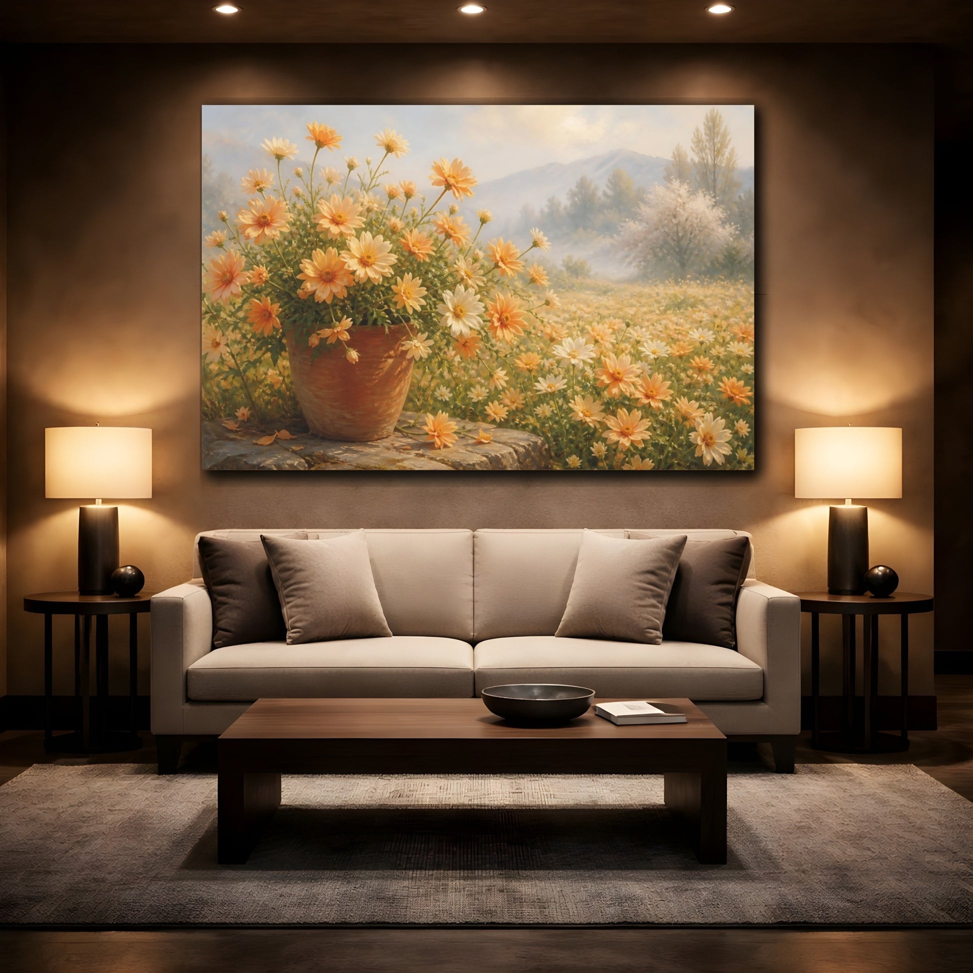 Mockup 2. Floral Daisies Yellow Floral Landscape shown as stretched canvas wall art