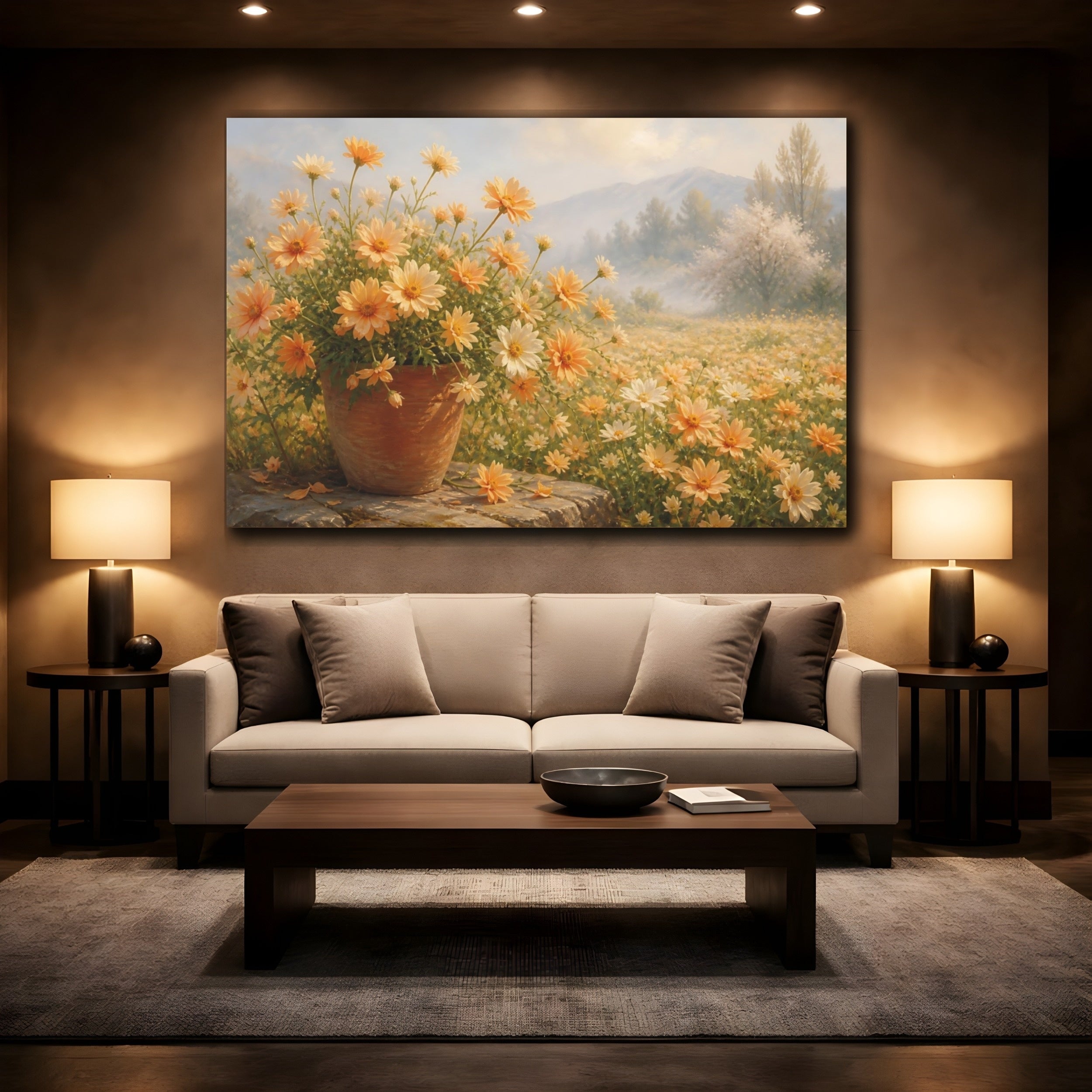 Mockup 2. Floral Daisies Yellow Floral Landscape shown as stretched canvas wall art