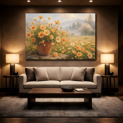 Mockup 2. Floral Daisies Yellow Floral Landscape shown as stretched canvas wall art