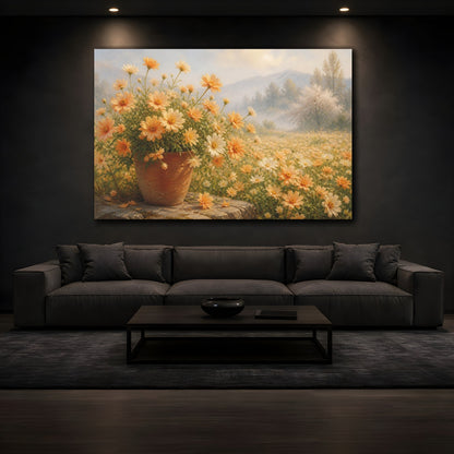 Mockup 3. Floral Daisies Yellow Floral Landscape shown as stretched canvas wall art