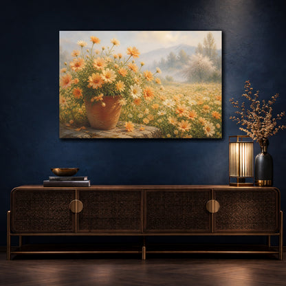 Mockup 4. Floral Daisies Yellow Floral Landscape shown as stretched canvas wall art