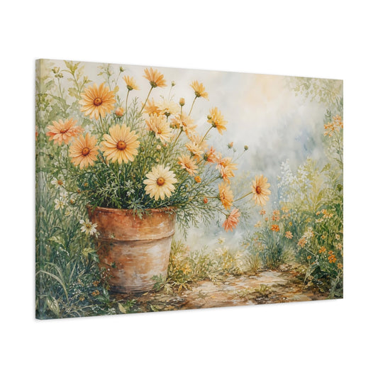 Main Mockup. Floral Daisies Yellow Orange Floral shown as stretched canvas wall art