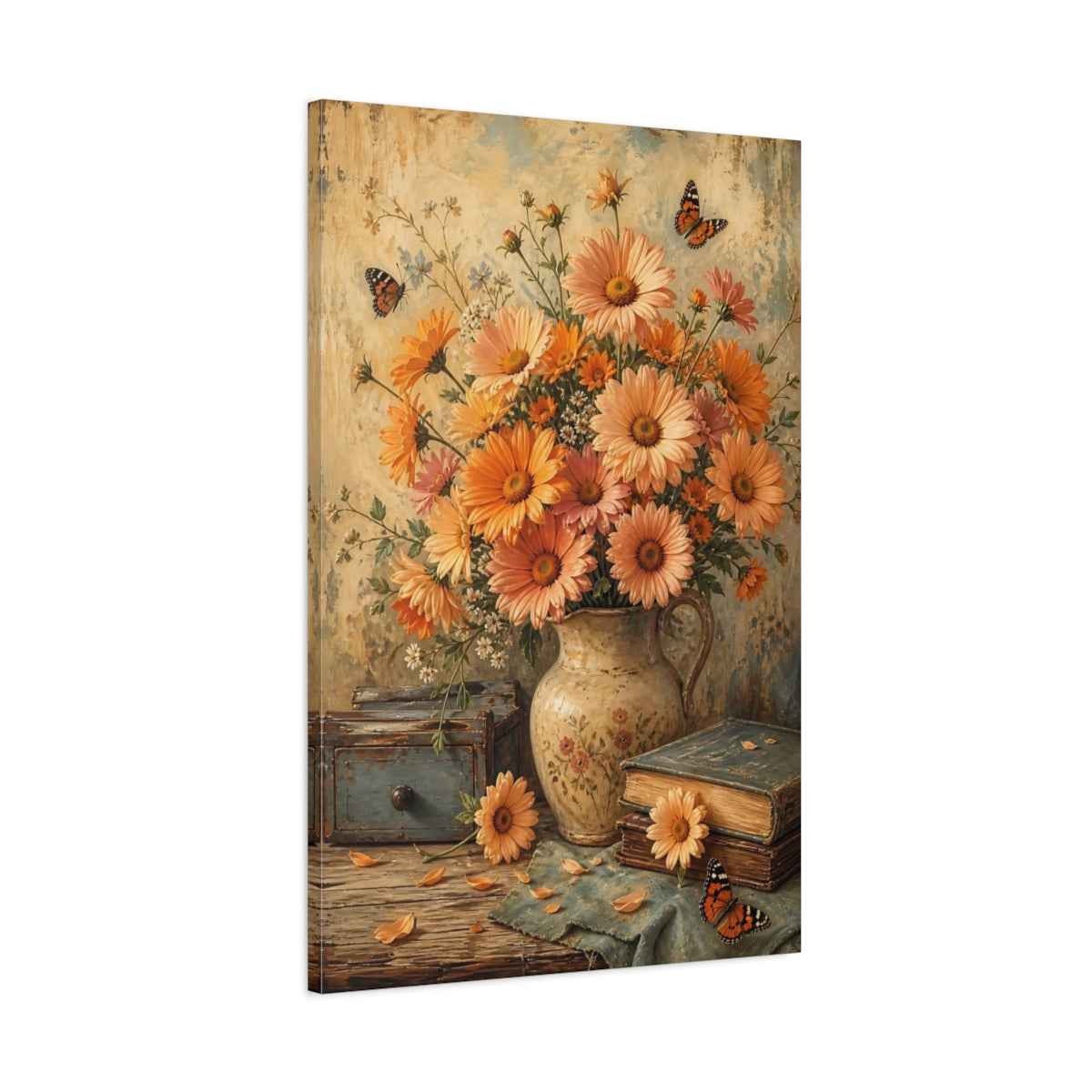 Main Mockup. Floral Daisy Bouquet Orange Floral Still Life shown as stretched canvas wall art