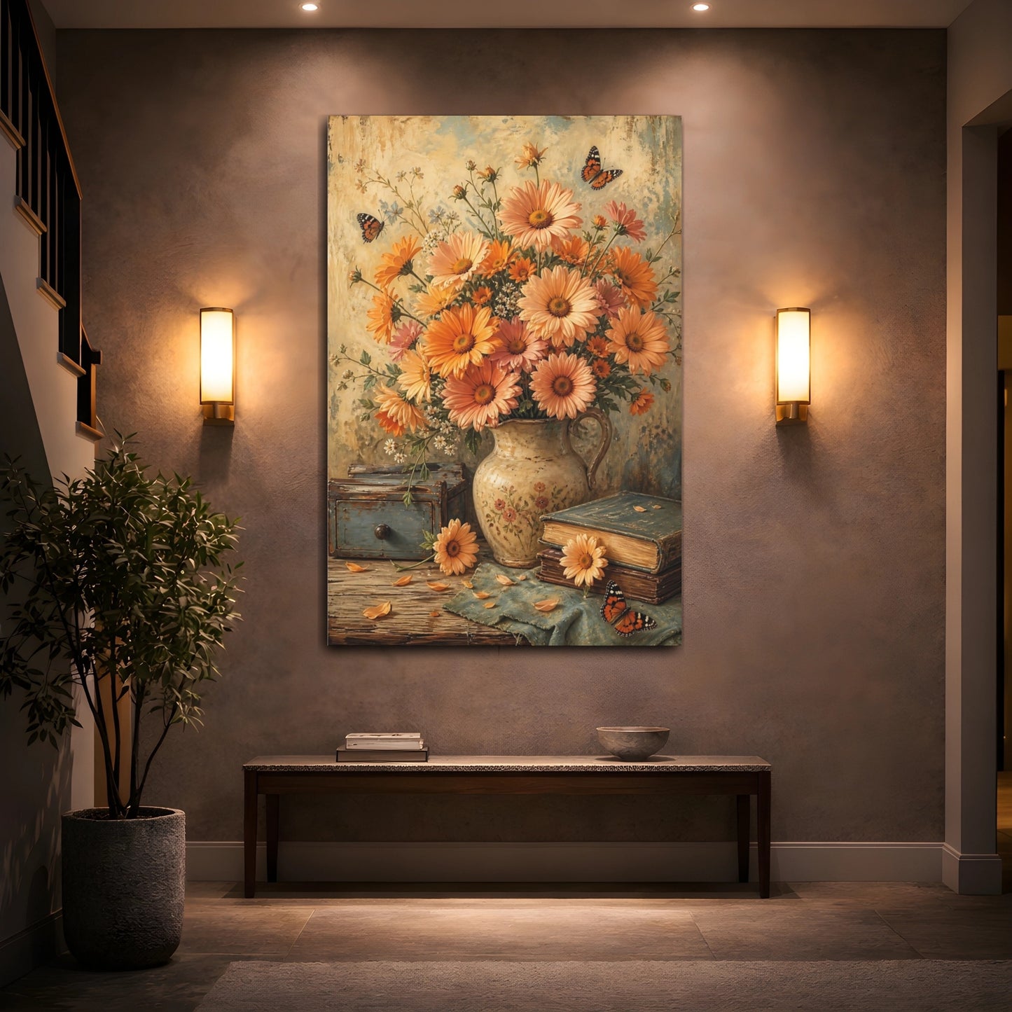 Mockup 2. Floral Daisy Bouquet Orange Floral Still Life shown as stretched canvas wall art