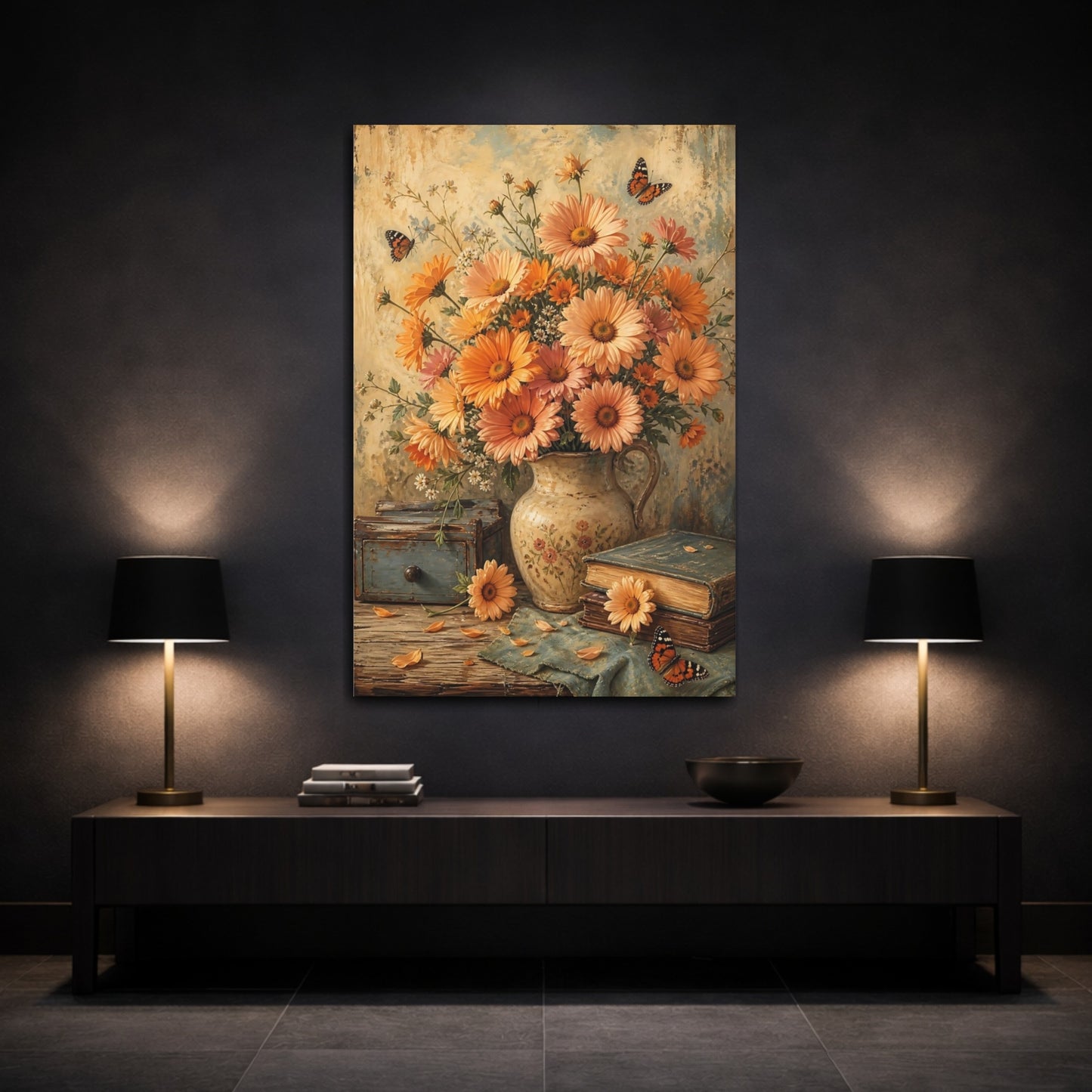 Mockup 3. Floral Daisy Bouquet Orange Floral Still Life shown as stretched canvas wall art