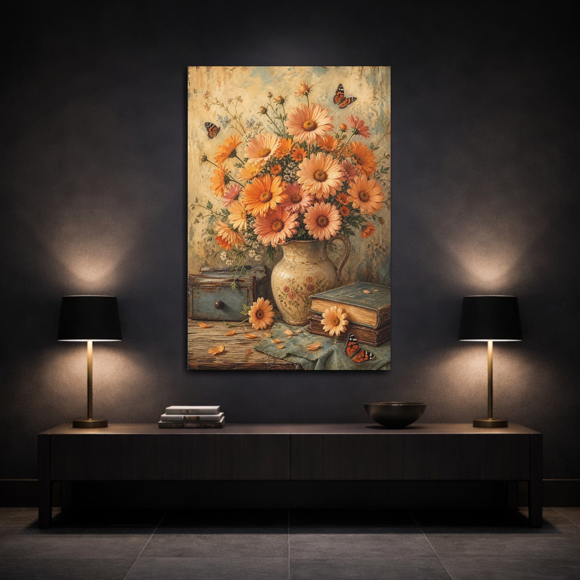 Mockup 3. Floral Daisy Bouquet Orange Floral Still Life shown as stretched canvas wall art