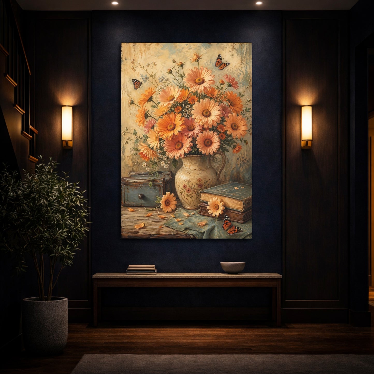 Mockup 4. Floral Daisy Bouquet Orange Floral Still Life shown as stretched canvas wall art