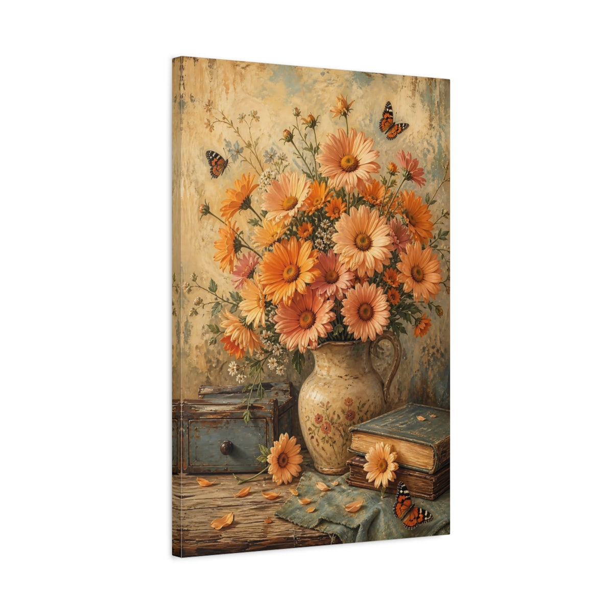 Side Mockup 2. Floral Daisy Bouquet Orange Floral Still Life shown as stretched canvas wall art
