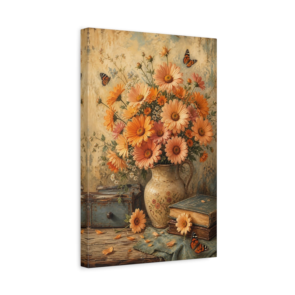 Side Mockup 4. Floral Daisy Bouquet Orange Floral Still Life shown as stretched canvas wall art