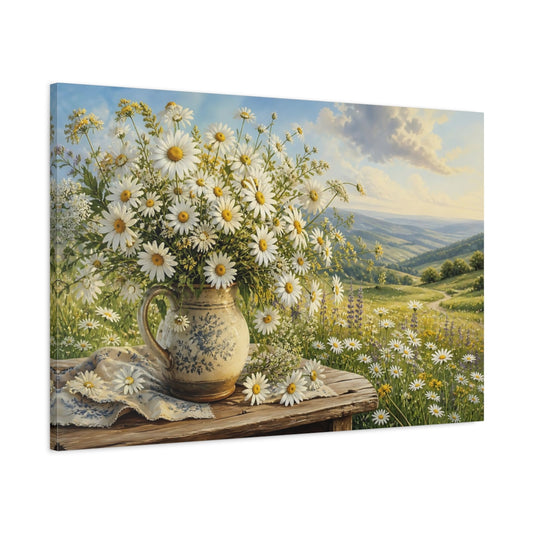 Main Mockup. Floral Daisy Bouquet White Daisies Landscape shown as stretched canvas wall art