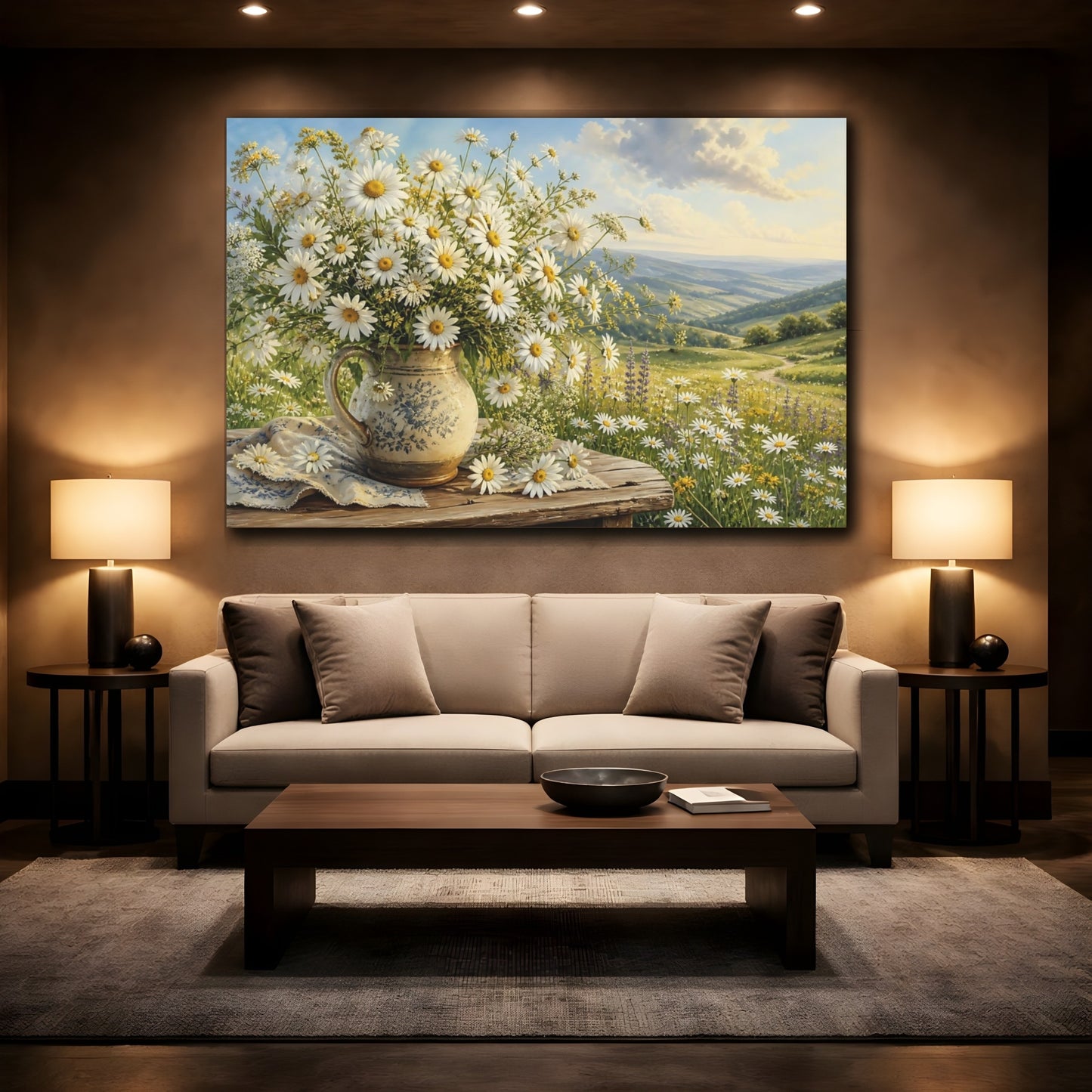 Mockup 2. Floral Daisy Bouquet White Daisies Landscape shown as stretched canvas wall art
