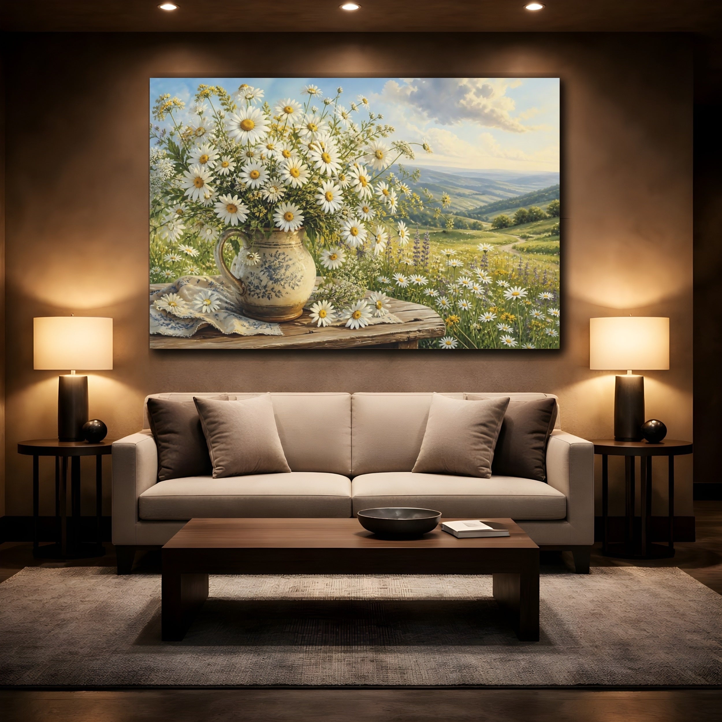 Mockup 2. Floral Daisy Bouquet White Daisies Landscape shown as stretched canvas wall art