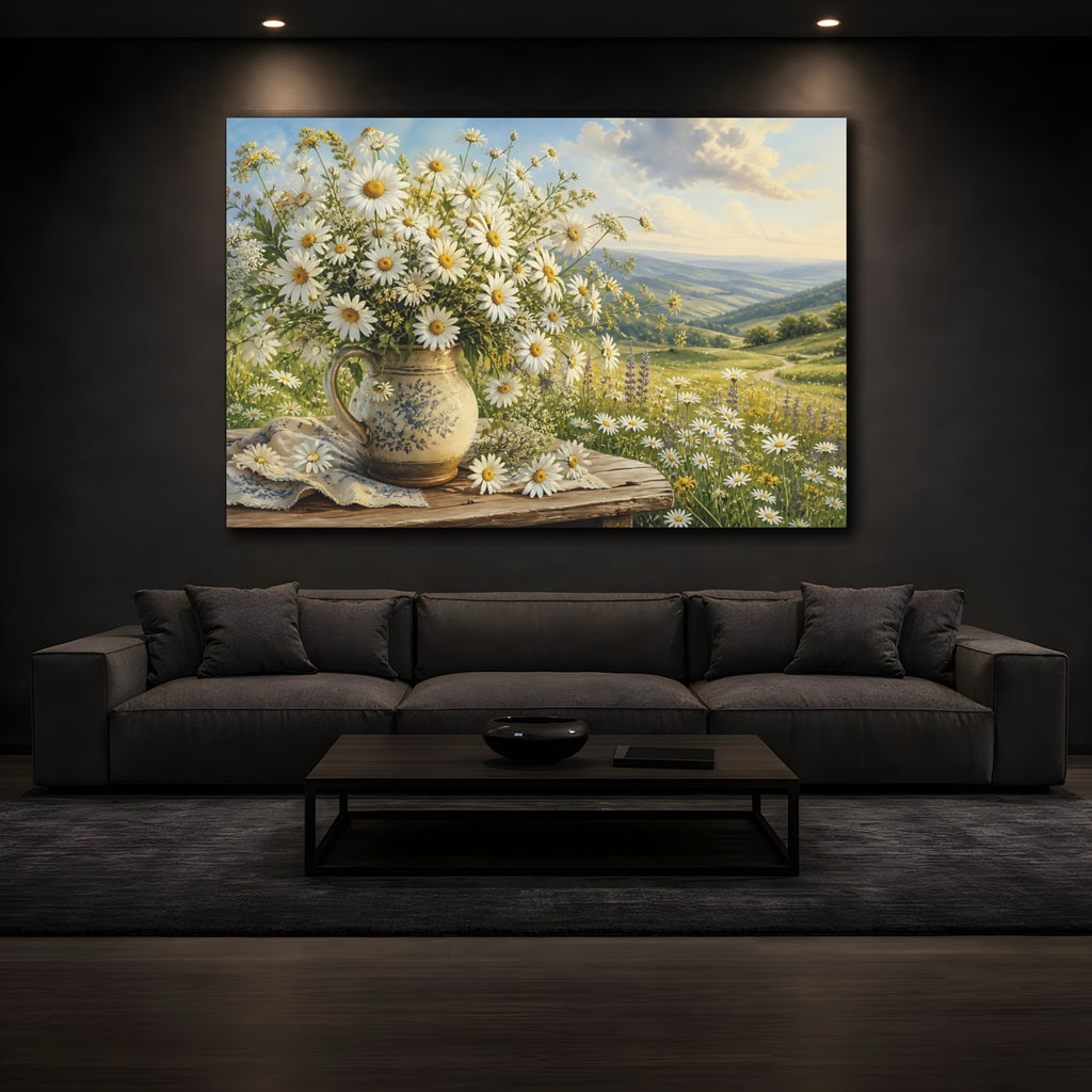 Mockup 3. Floral Daisy Bouquet White Daisies Landscape shown as stretched canvas wall art