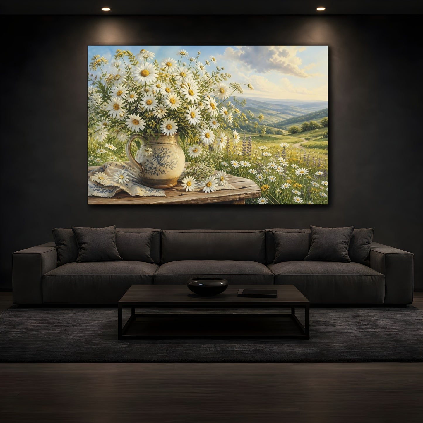 Mockup 3. Floral Daisy Bouquet White Daisies Landscape shown as stretched canvas wall art