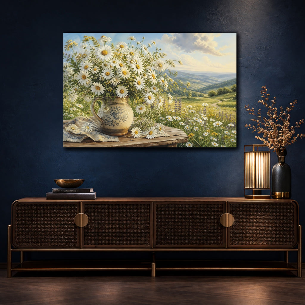 Mockup 4. Floral Daisy Bouquet White Daisies Landscape shown as stretched canvas wall art