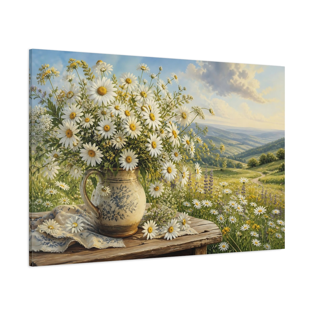 Side Mockup 1. Floral Daisy Bouquet White Daisies Landscape shown as stretched canvas wall art