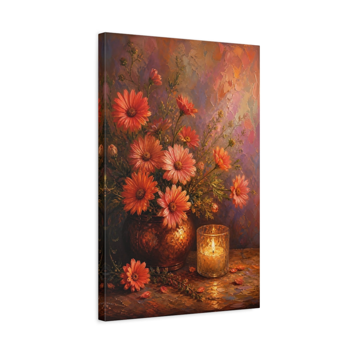 Side Mockup 3. Floral Daisy Flowers Orange Floral shown as stretched canvas wall art