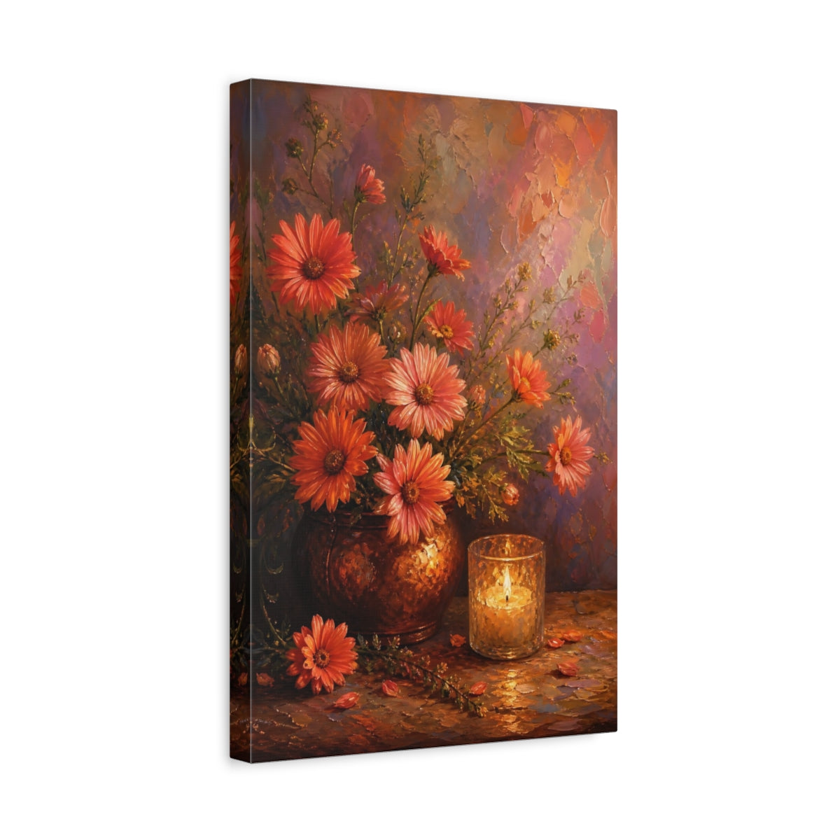 Side Mockup 4. Floral Daisy Flowers Orange Floral shown as stretched canvas wall art