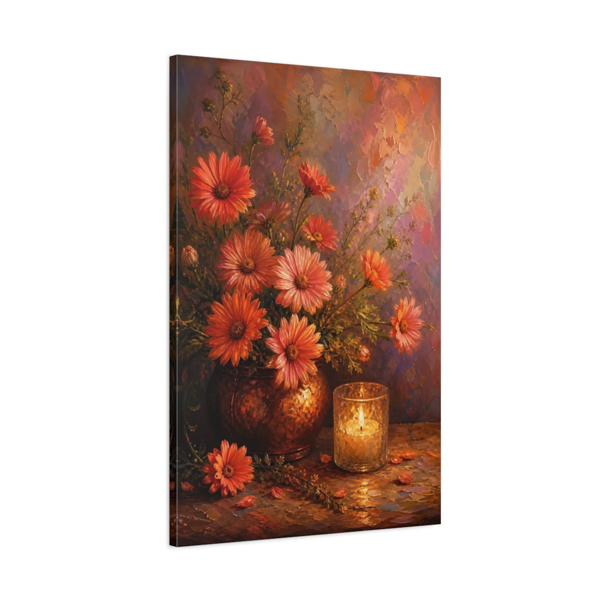Main Mockup. Floral Daisy Flowers Orange Floral shown as stretched canvas wall art