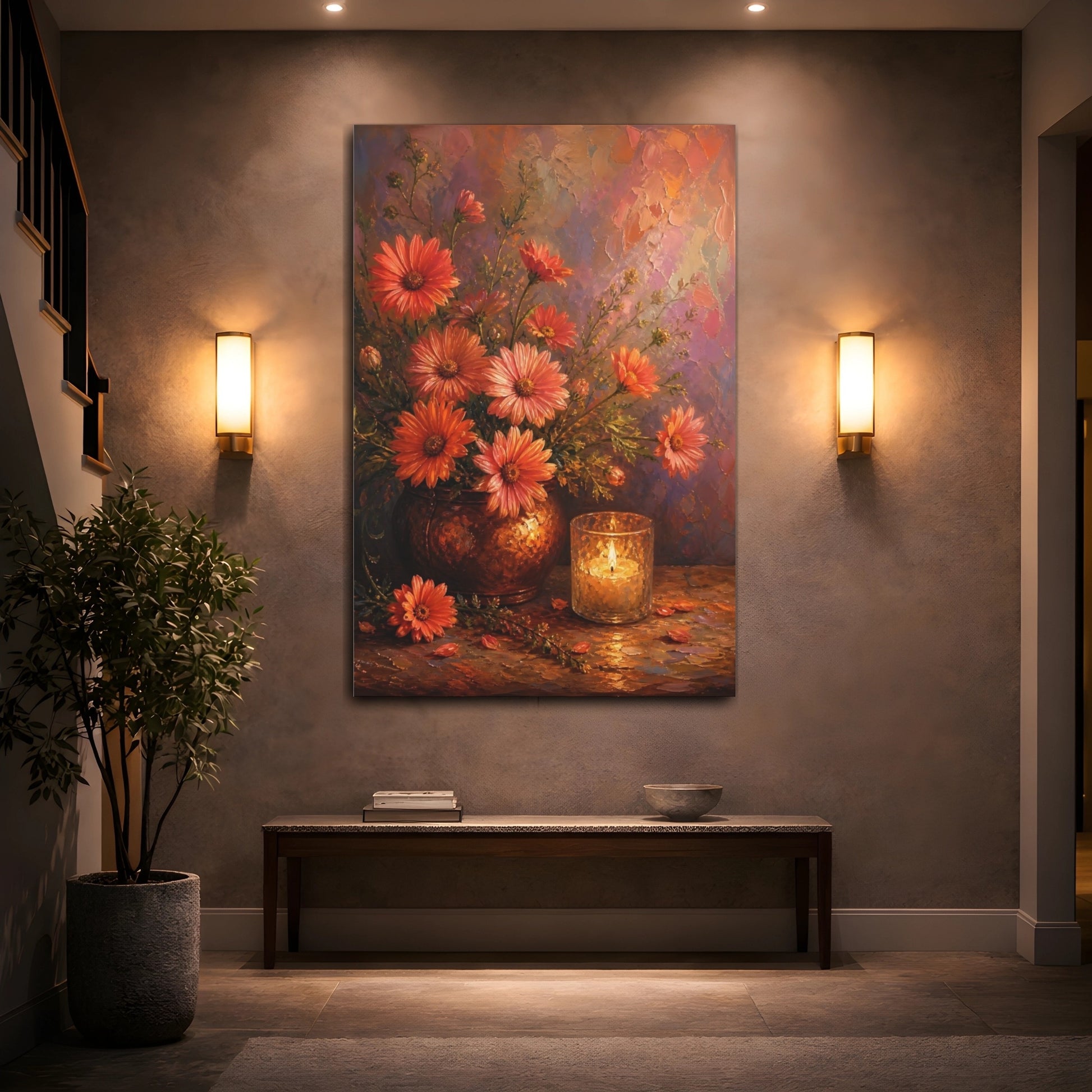 Mockup 2. Floral Daisy Flowers Orange Floral shown as stretched canvas wall art
