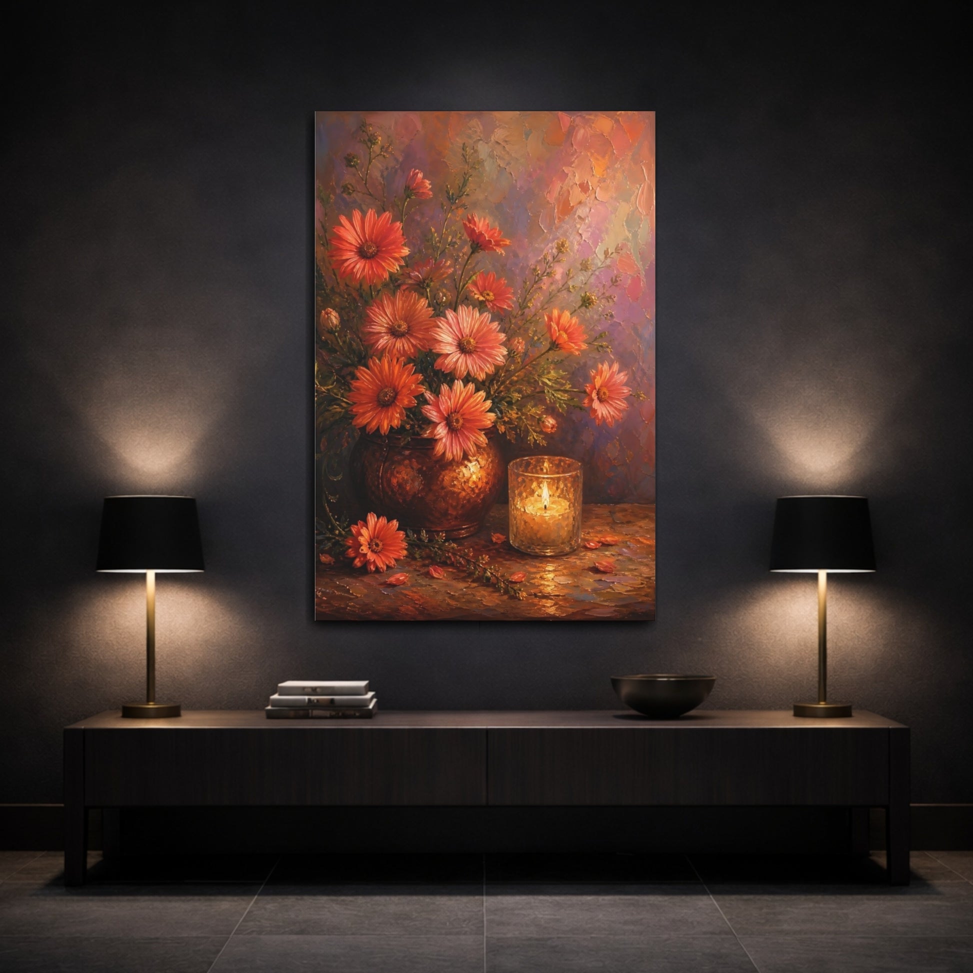 Mockup 3. Floral Daisy Flowers Orange Floral shown as stretched canvas wall art