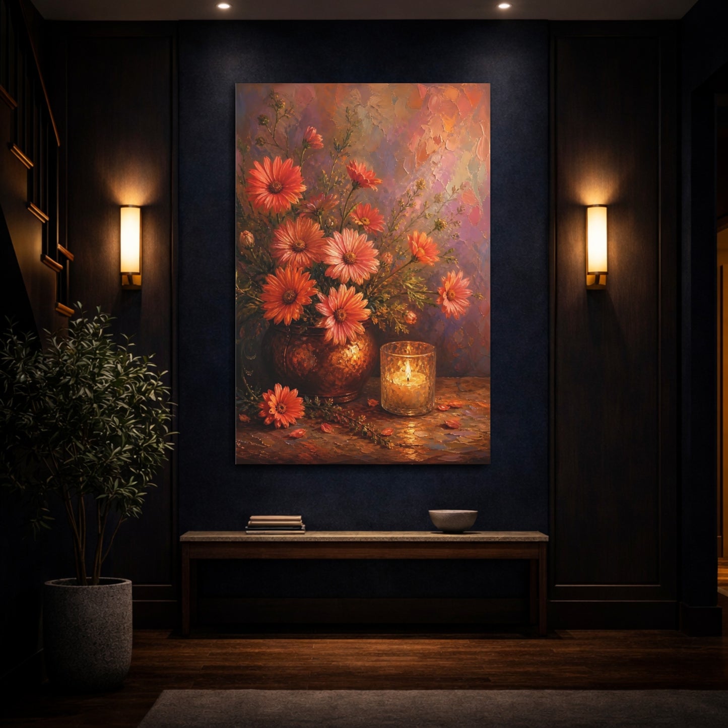 Mockup 4. Floral Daisy Flowers Orange Floral shown as stretched canvas wall art
