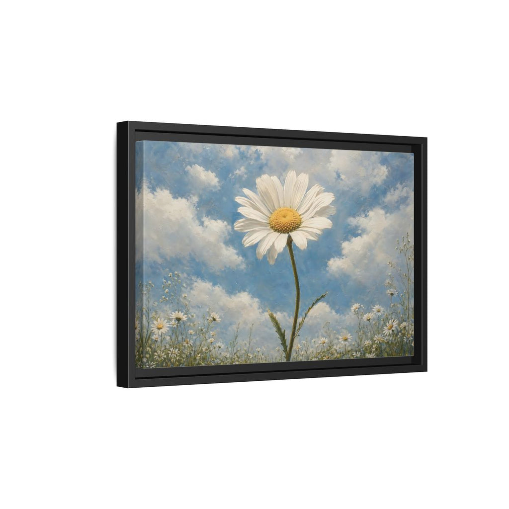 Side Mockup 6. Floral Daisy White Daisy Blue Sky shown as stretched canvas wall art
