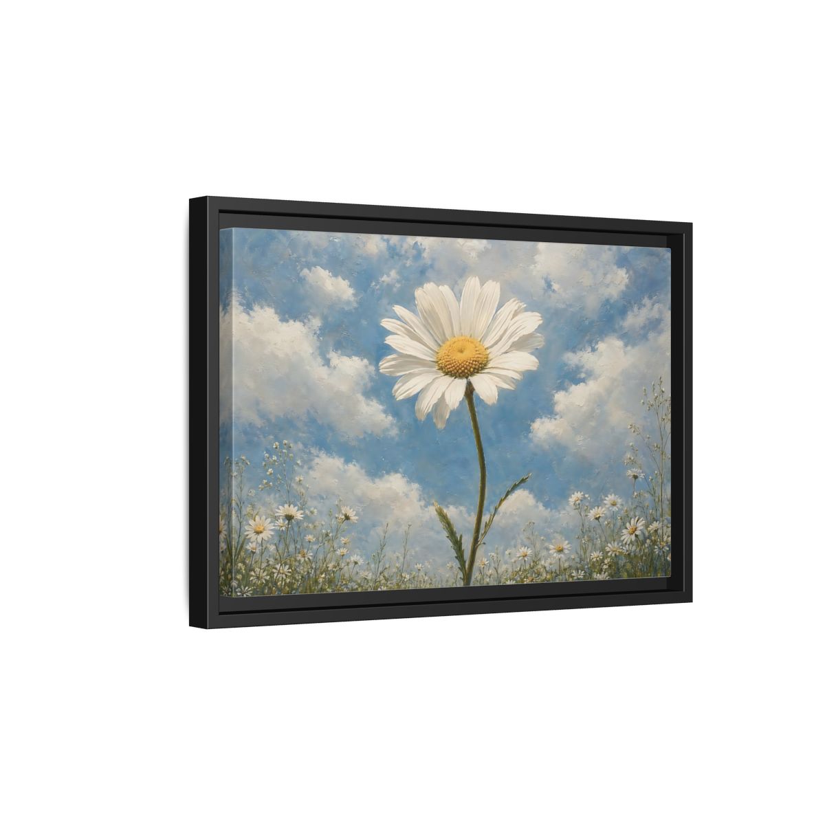 Side Mockup 6. Floral Daisy White Daisy Blue Sky shown as stretched canvas wall art