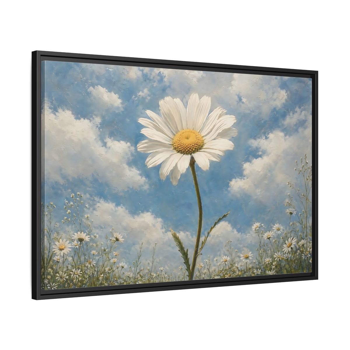 Side Mockup 13. Floral Daisy White Daisy Blue Sky shown as stretched canvas wall art